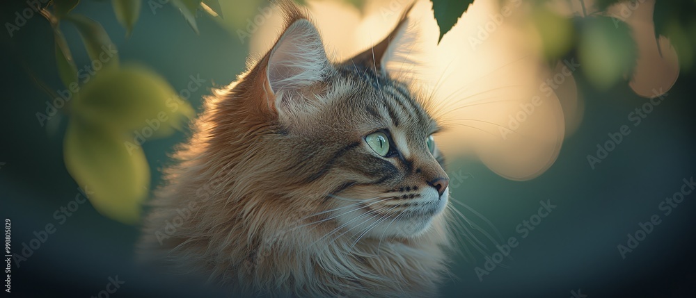 Poster  A tight shot of a feline with vivid green eyes against a softly blurred backdrop of a leafy tree