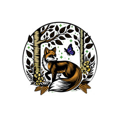 A fox in the forest surrounded by trees and flowers, butterfly flying around him,