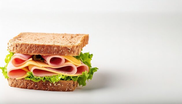 ham and cheese sandwich with fresh or toasted bread or bun, toppings may include cheese, lettuce, tomato, onion or pickle slices. Mustard or mayonnaise optional.  Isolated on white with copy space