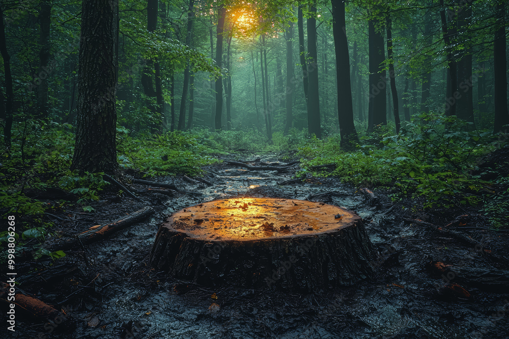 Poster a forest scene with one side flourishing with wildlife, and the other side showing fallen trees and 