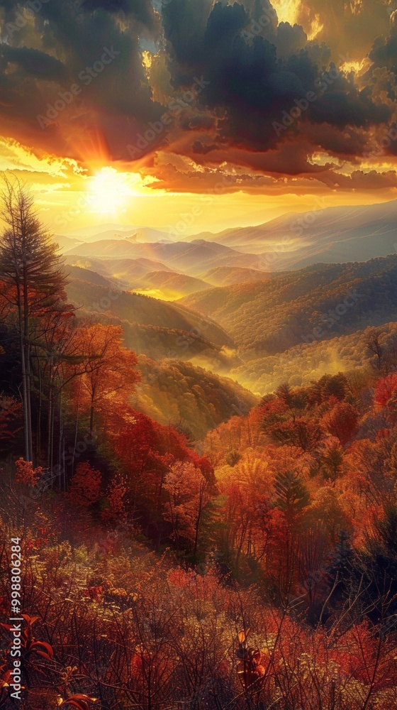 Poster a beautiful landscape with a sun setting in the background