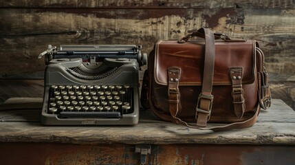 Vintage Typewriter and Leather Bag on Rustic Wooden Table