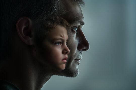World Mental Health Day, Movember, Inner struggle: adult's calm exterior with an emotional inner child battling pain and anger, mental health, assertiveness 