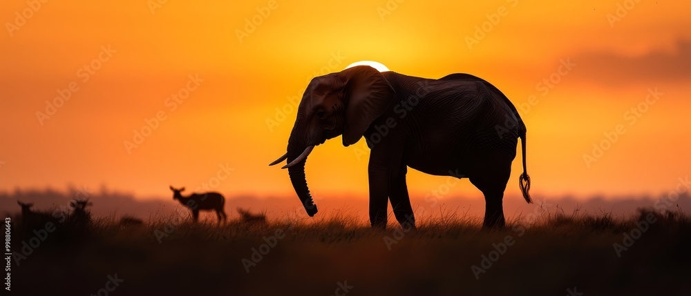 Poster  An elephant atop a grassy field stands near an antelope and a distant animal