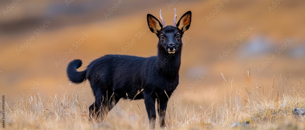 Poster  A small black goat atop a dry grass-covered field, facing a browning hillside with tan hues