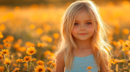 Fototapeta premium Beautiful cute little girl in a summer flowers field, natural style by shooting during the golden hour.