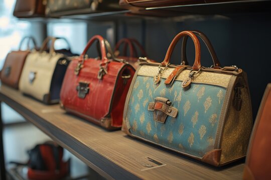 display of retro-style purses and clutches with nostalgic themes, showcasing classic bag-making techniques