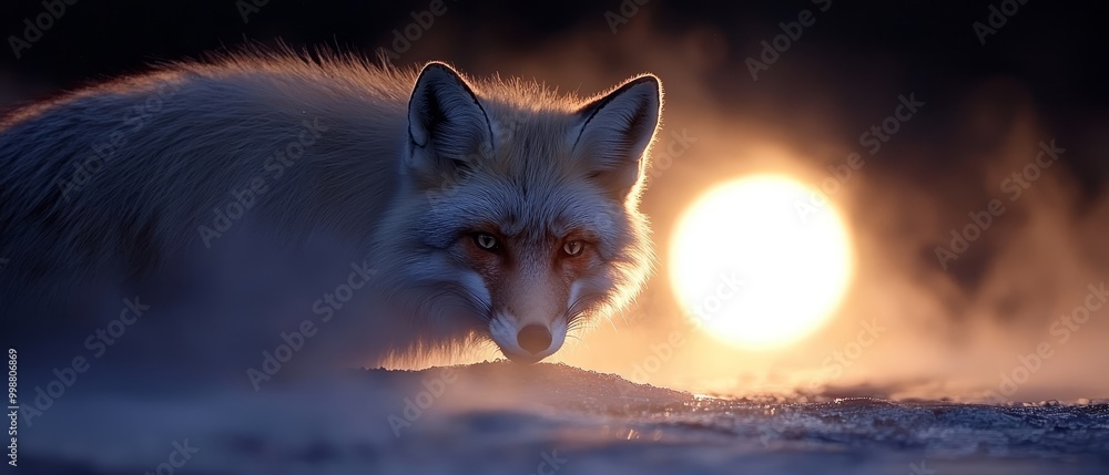 Sticker  Afox, tightly focused against snowy ground, sun backdrops background Foreground, fog softly draped