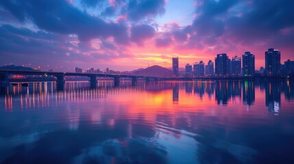Fototapeta premium A vibrant cityscape silhouette reflected in the water at sunset. The sky is a mix of pink, orange, and purple hues.