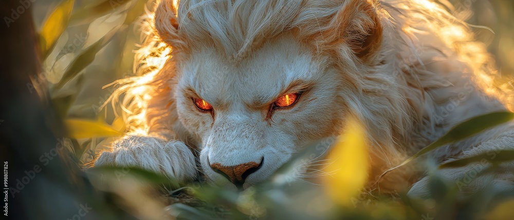 Poster  A tight shot of a white wolf's face with glowing red eyes In the foreground, a dense, bushy branch