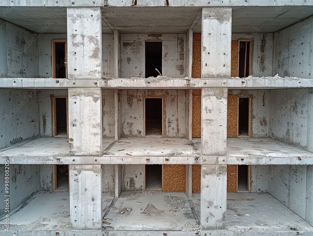 Poster a large multi-story concrete building with visible openings