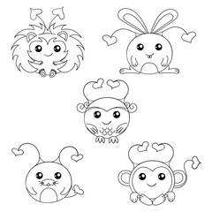 Five black and white round monsters in the shape of a hedgehog, hare, owl, seal, monkey. Funny aliens with horns and tails with hearts. Smiling cartoon characters. Colouring.  