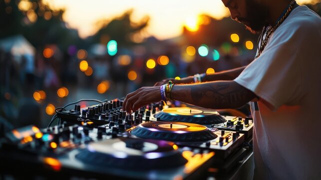 A DJ spinning records at an outdoor music festival as the sun sets