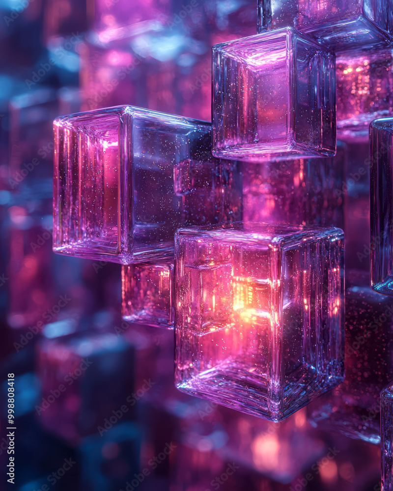 Poster floating cubes creating a mesmerizing 3d arrangement, transitioning between shades of purple and blu