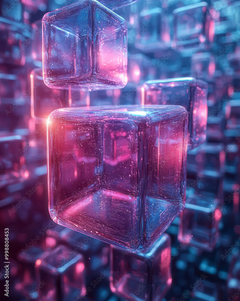 Poster floating cubes creating a mesmerizing 3d arrangement, transitioning between shades of purple and blu