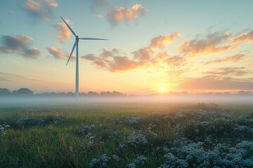 A clean energy wind turbine spinning in a vast field, symbolizing renewable energy and environmental sustainability.