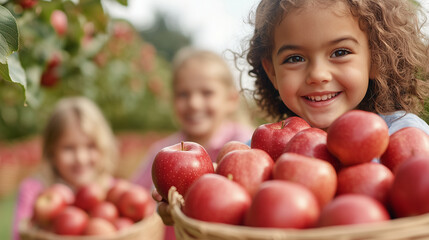 Children picking apples in an orchard, baskets full of fruit, happy expressions, autumn harvest, bounty, abundance, joy