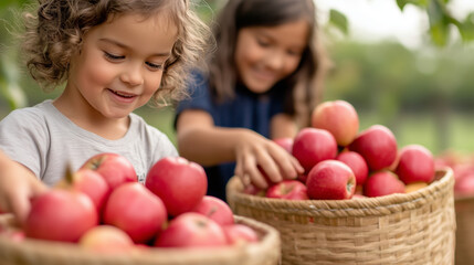 Children picking apples in an orchard, baskets full of fruit, happy expressions, autumn harvest, bounty, abundance, joy