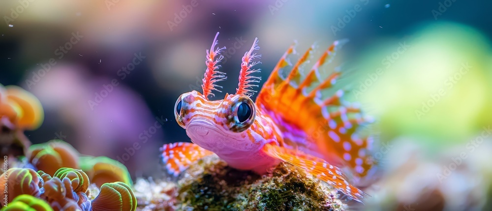 Poster  A tight shot of a fish against a backdrop of intricate corals and undulating algae in the water