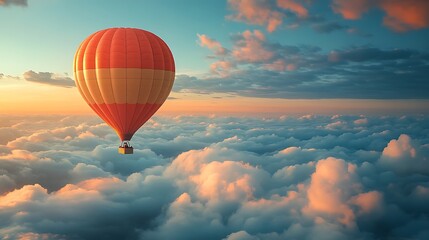 Obraz premium A single hot air balloon floats above a sea of clouds at sunset.