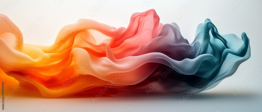 Poster  A multicolored wave of smoke against a white backdrop, with light blue and light orange hues in the background