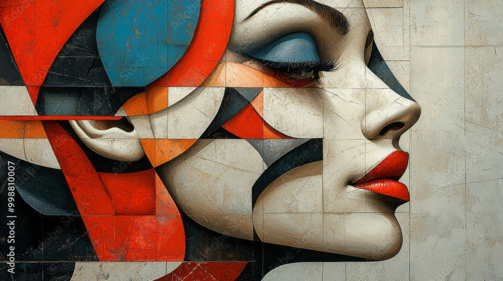 Aufkleber a complex, multi-layered pattern of geometric shapes interlocking to form an abstract face,