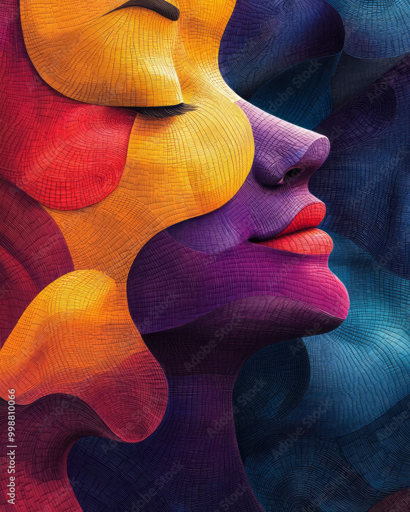 Poster a series of overlapping, interlocking shapes in vibrant colors,