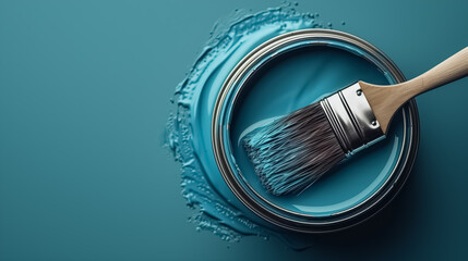 Banner with open can of paint with brushe on them on bright symmetry background. Top view lay flat paint brush laying on paint can