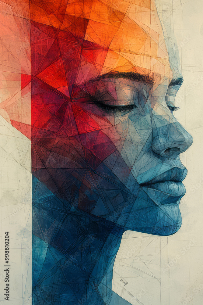 Aufkleber multi-layered geometric shapes, interlocking to create the impression of a face,