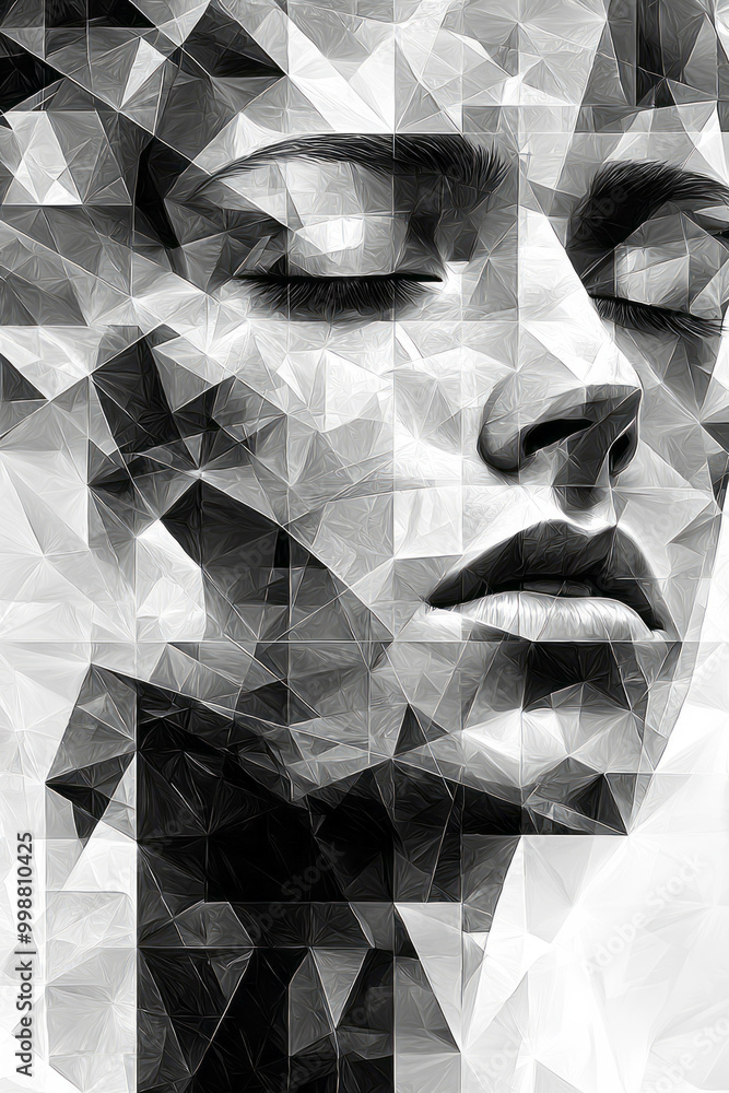 Poster an abstract pattern of interlocking shapes forming a face,