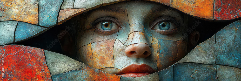 Poster a surreal face composed of multi-layered interlocking shapes,