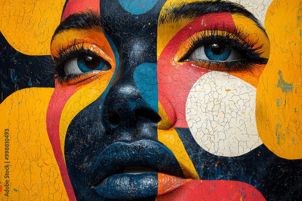 Poster overlapping shapes forming a multi-layered pattern that subtly resembles a human face,
