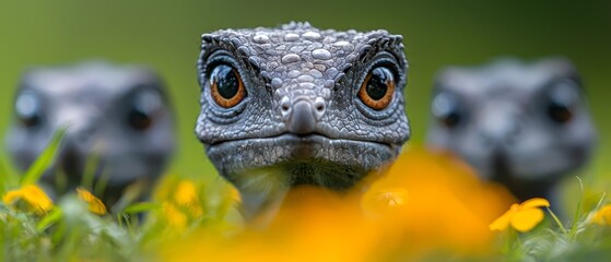  A tight shot of a lizard's face among grasses and yellow flowers in the foreground