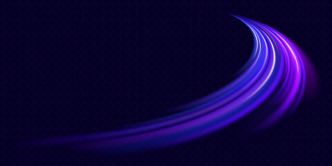 Abstract neon light rays background. A Colorful Motion Background of City Light Trails. Purple glowing wave swirl, impulse cable lines. Long time exposure. Vector