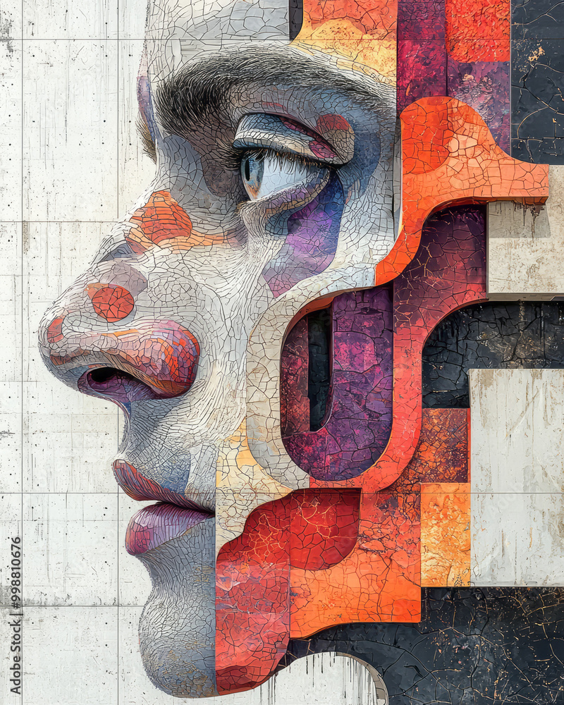 Poster a complex arrangement of interlocking shapes, layered to create the impression of a face,