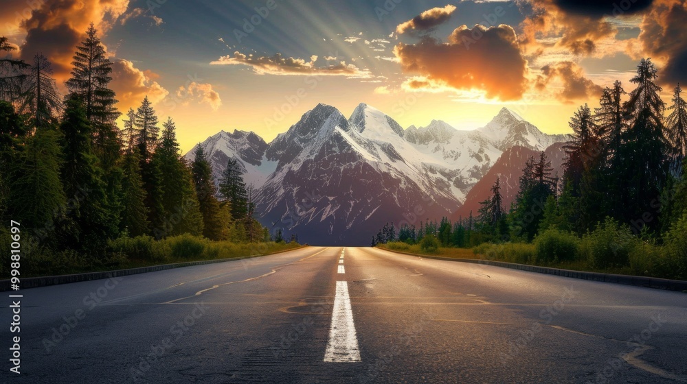 Poster A mountain range is visible in the background of a road