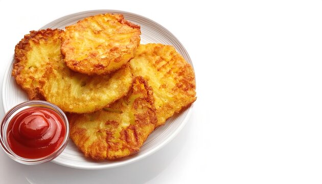 Hash browns, hashed browns or hashbrowns, are a popular American breakfast food consisting of finely julienned potatoes, fried until golden brown usually eaten with ketchup. Isolated on white