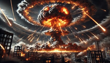 Fototapeta premium A massive nuclear explosion in a city, featuring a towering mushroom cloud