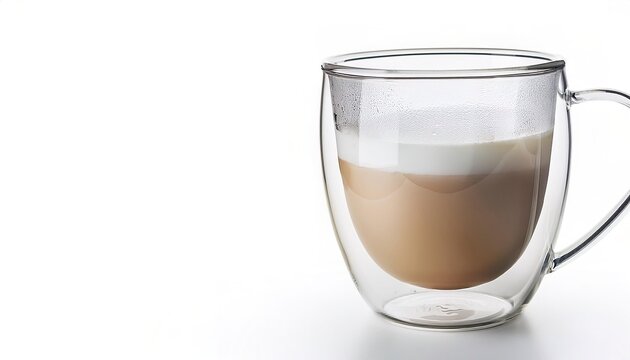 Unbreakable insulated Double Walled Borosilicate Glass Coffee Mug keeps liquid hot longer while the exterior wall stays cool for hand safe touch. Isolated on white background with copy space