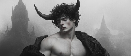  A monochrome image of a man, bare-chestted and adorned with horns atop his head, wearing a coat