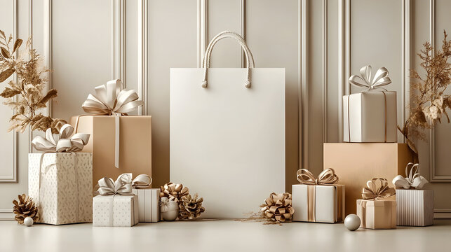 Minimalist 50 Off Black Friday Shopping Banner with Gift Boxes and Bag Icons on Calming Gray Background
