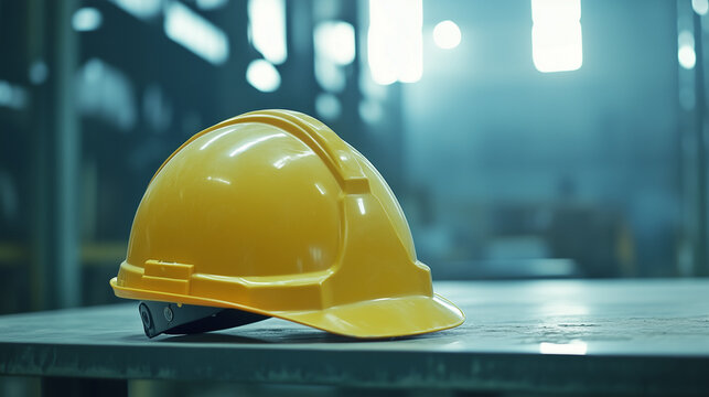 Ż&oacute;łty kask ochronny leży na stole, przyciągając wzrok swoim wyrazistym kolorem