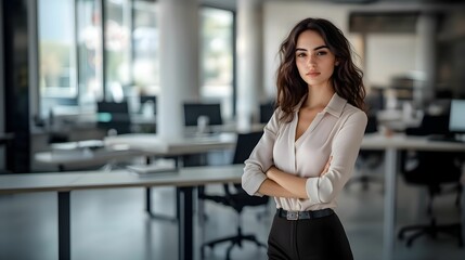 Fototapeta na wymiar młoda kobieta, profesjonalna, biznes, skrzyżowane ręce, pewność siebie, biuro, nowoczesne, smart-casual, korporacyjny, oświetlenie naturalne, elegancka, technologia, komputery, biurka, współczesne biu