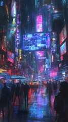 Obraz premium A rainy night in a futuristic city, glowing with neon lights and bustling with activity.