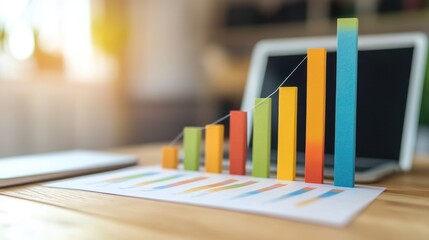 Colorful bar graph on a desk with a laptop in the background.