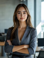 Fototapeta na wymiar młoda kobieta, profesjonalna, biznes, skrzyżowane ręce, pewność siebie, biuro, nowoczesne, smart-casual, korporacyjny, oświetlenie naturalne, elegancka, technologia, komputery, biurka, współczesne biu