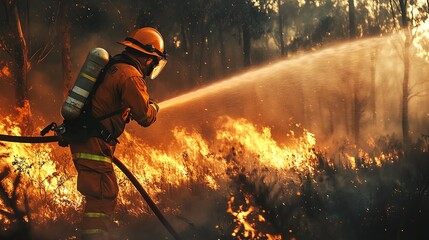 An illustration of fire fighters fighting wild fires with a powerful water hose/ canon