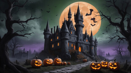 A Halloween Night scene with pumpkins and a house with a full moon behind it.