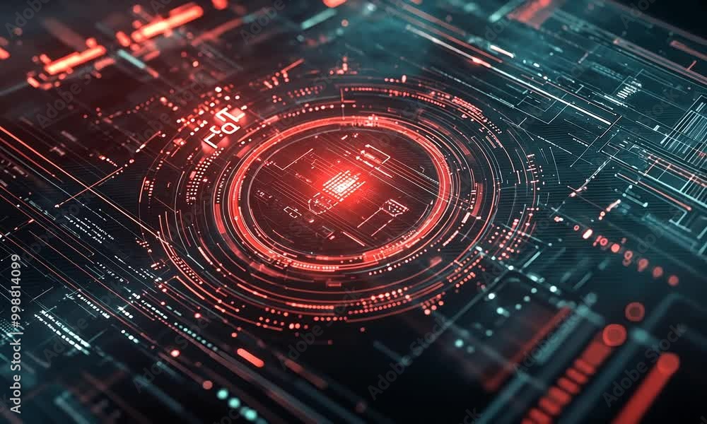 Poster exploring advanced digital technology with intricate circuit designs and vibrant light patterns in a
