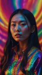 Young woman in psychedelic circular backdrop with radiant spectrum colors